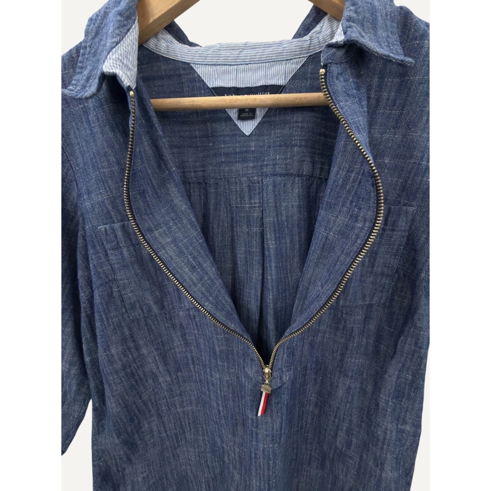 Chambray Quarter Zip Tommy Hilfiger Blue Cotton Pullover Shirt Size M Hamptons - Picture 8 of 13